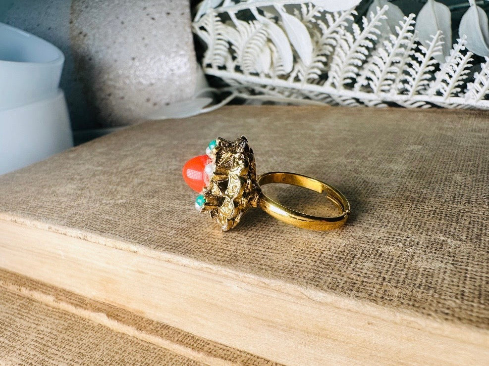 Vintage Orange Bullet Cabochon Ring with Green and Pearl Cabochons, Gold Tone Adjustable Etruscan Revival Ring