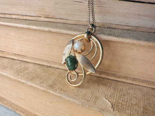 Vintage 1975 Necklace, Green Jade and Pearl Pendant Necklace, Vintage Sarah Coventry Prong Set Double Stone Necklace, Ornate Gold Leaves