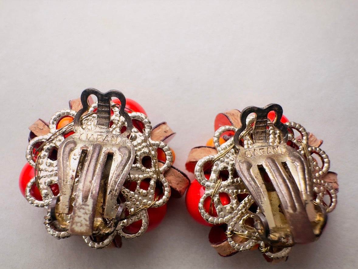 Vintage Japanese Earrings, Colorful 60s Earrings in Red + Orange with Wood and Sequins, Beaded Clip On Earrings