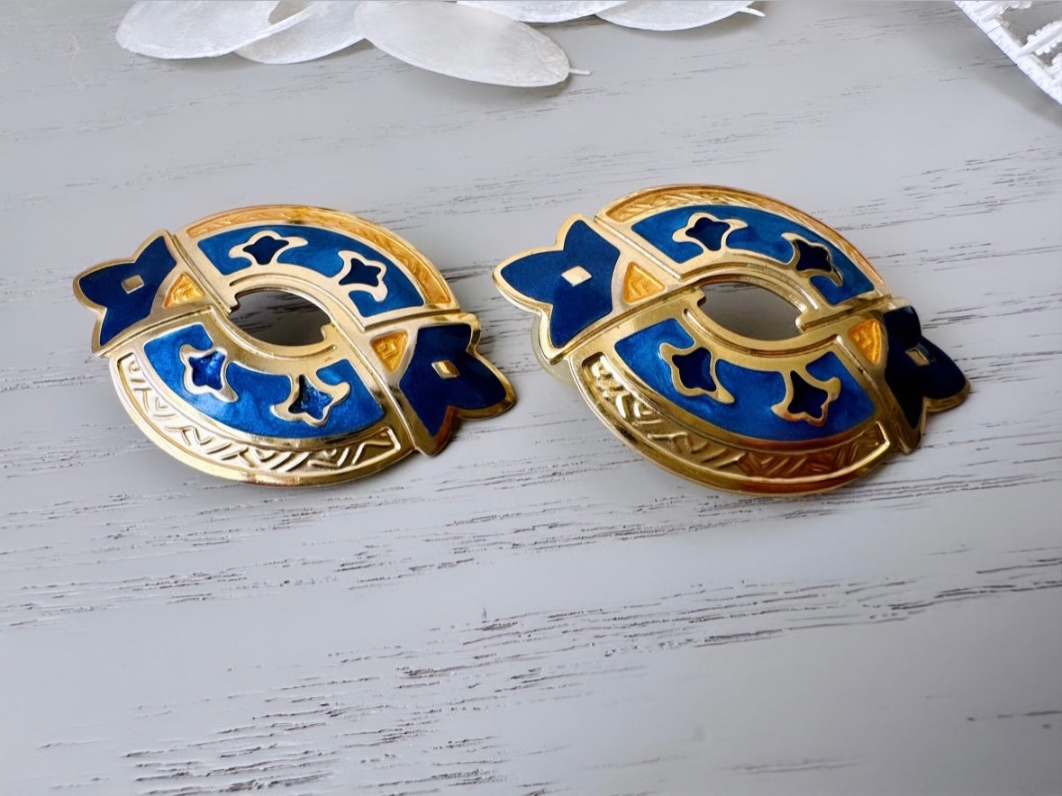 Blue and Gold Grecian Vintage Berebi Earrings, 1980s Runway Chic Earrings, Dramatic Maximalist Earrings, Pierced Etruscan Enamel Earrings