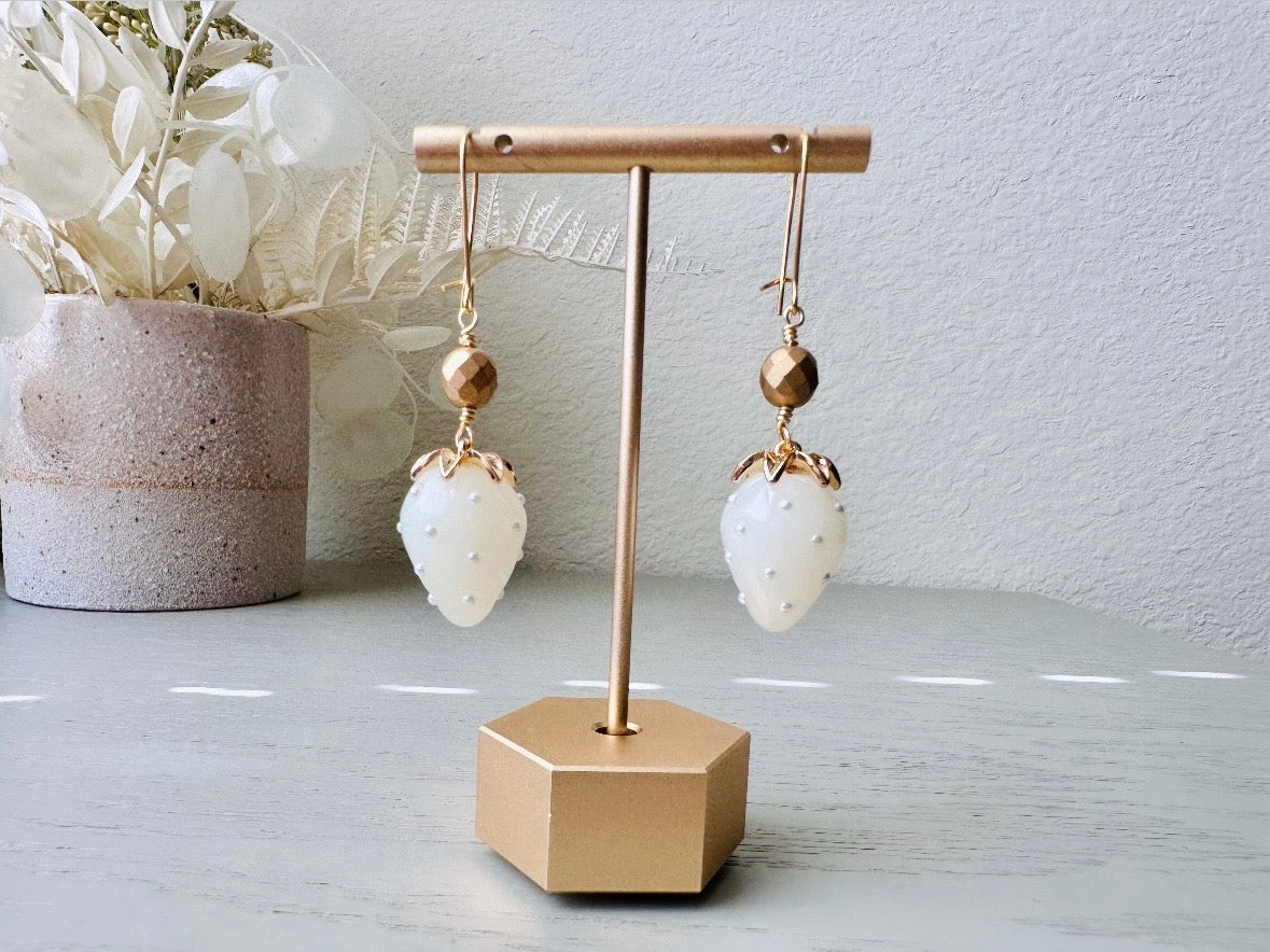 White Strawberry Earrings, Original Handmade 24k Gold + Glass Earrings, Large Pearl Strawberry Dangle Earrings, Unique Handmade Earrings