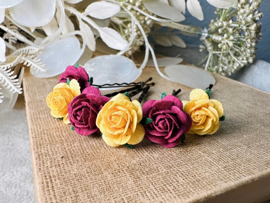 Rose Hair Pins in Marigold Yellow & Plum Wine, Paper Rose Bobby Pin, Floral Hair Accessories, Handmade Flower HairPins for Wedding Prom Hair from Piggle and Pop