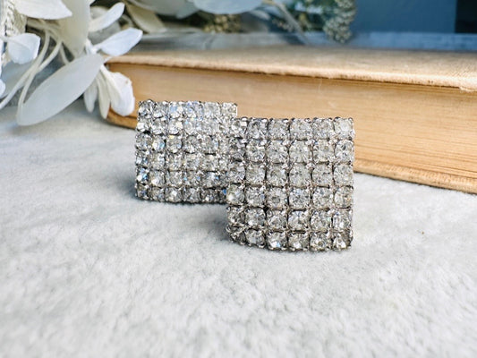 1970s Disco Earrings, Bejeweled Vintage Rhinestone Earrings, Big Square Statement Earrings, Sparkling Silver Earrings, Retro Glam Style