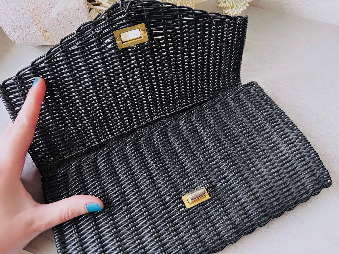 Black Vintage Purse with Gold Butterfly Lock, Incredible 1970s Wicker Woven Vintage Handbag, True Authentic 70s Vintage Envelope Clutch Bag