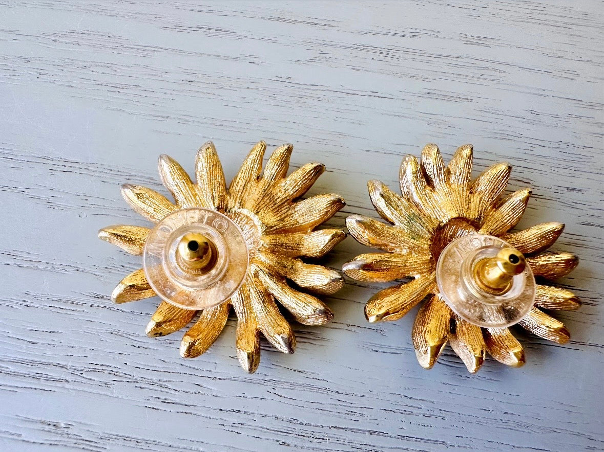 Vintage Monet Sunflower Earrings, Big Gold Sunflower Earrings, Vintage 60s Pierced Monet Earrings, 1960s Large Gold Flower Earrings