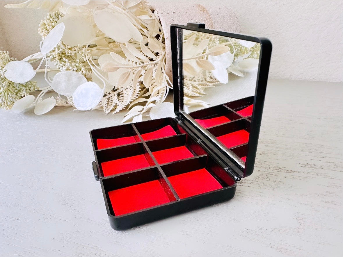 Vintage Jewelry Box, Mini Flower Travel Trinket Box, Black Laquer Plastic Floral Jewelry Box with Red Felt Dividers and Mirror, from 1984