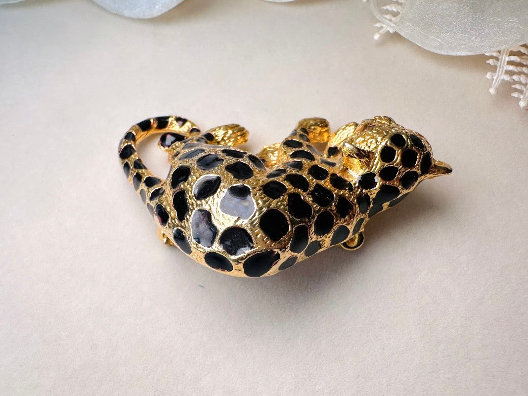 Spotted Leopard Vintage Brooch, Signed Park Lane Gold Cheetah Brooch with Black Enamel and Rhinestone Eyes, Convertible Pendant with Bail