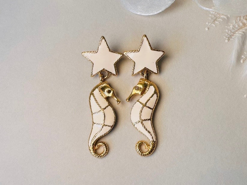 Trifari Seahorse Earrings, Vintage Gold Plated Cream Enamel Seahorses and Stars, Vintage Pierced Dangle Stud Earrings, Designer Vintage
