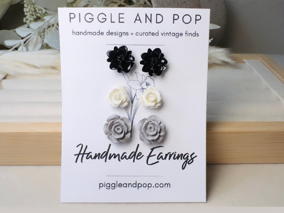 Black White Grey Flower Stud Earrings Set, Small Resin Flower Earrings, Monochrome Post Earrings, Matte and Glossy Black and White Earrings