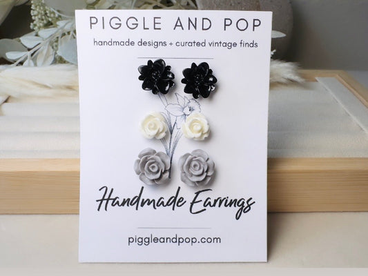Black White Grey Flower Stud Earrings Set, Small Resin Flower Earrings, Monochrome Post Earrings, Matte and Glossy Black and White Earrings