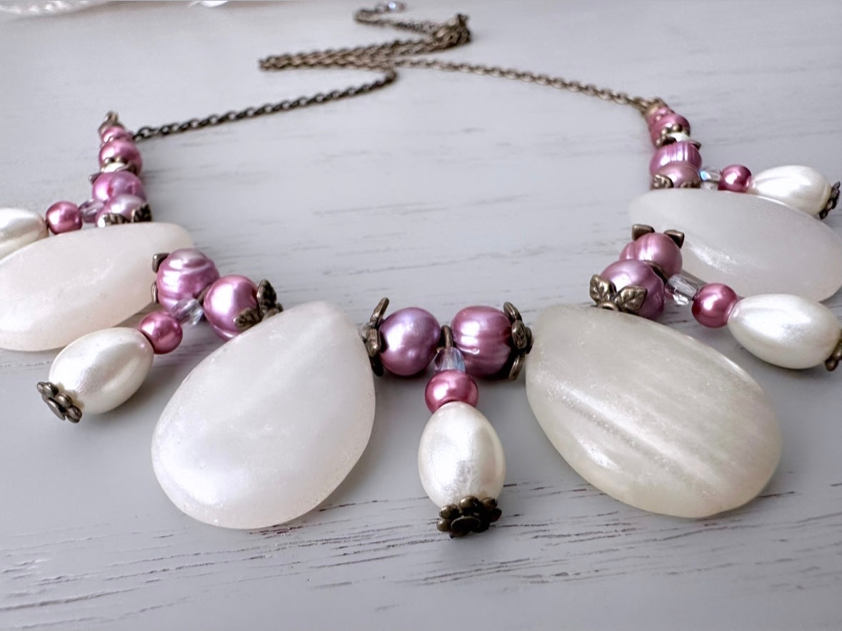 Purple Pearl Necklace with White Gemstones, Bib Necklace Statement, White Italian Onyx Teardrops, Lilac Freshwater Pearls, Plum Crystals