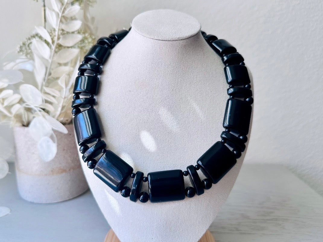 Vintage Black Monet Necklace, Runway Couture Jet Black Lucite Beaded Necklace w Stunning Gold Clasp, Rare Signed Designer Vintage Necklace