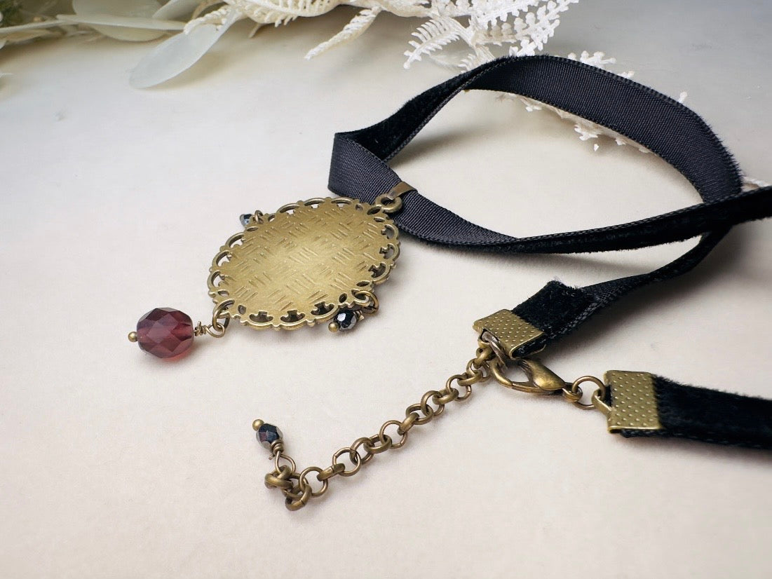 Victorian Choker with Burgundy Rose Vintage Cameo and Black Velvet Ribbon, Handmade Gothic Choker with Flower Pendant and Crystals
