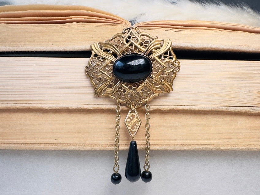 Black Victorian Brooch, Antique Filigree Pin with Black Cameo & Chain Tassels  Romantic Victorian Revival Jewelry