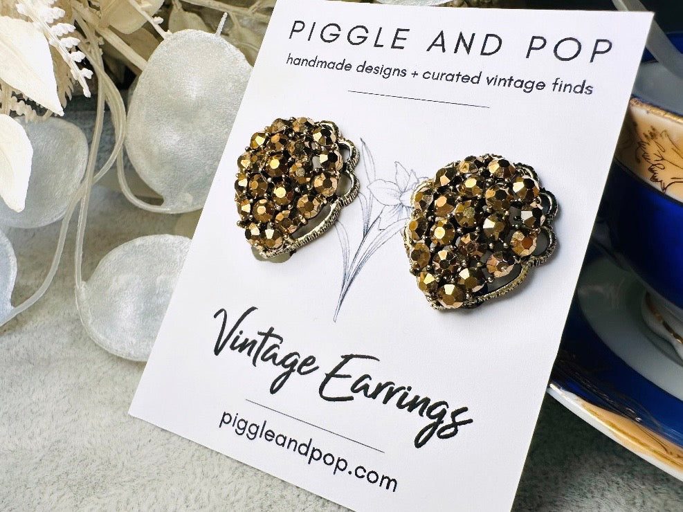 Bronzed Gold 1960's Sparkling Earrings, 60s Signed Designer Weiss Vintage Teardrop Clip On Gorgeous Antique Gold Rhinestone  Earrings