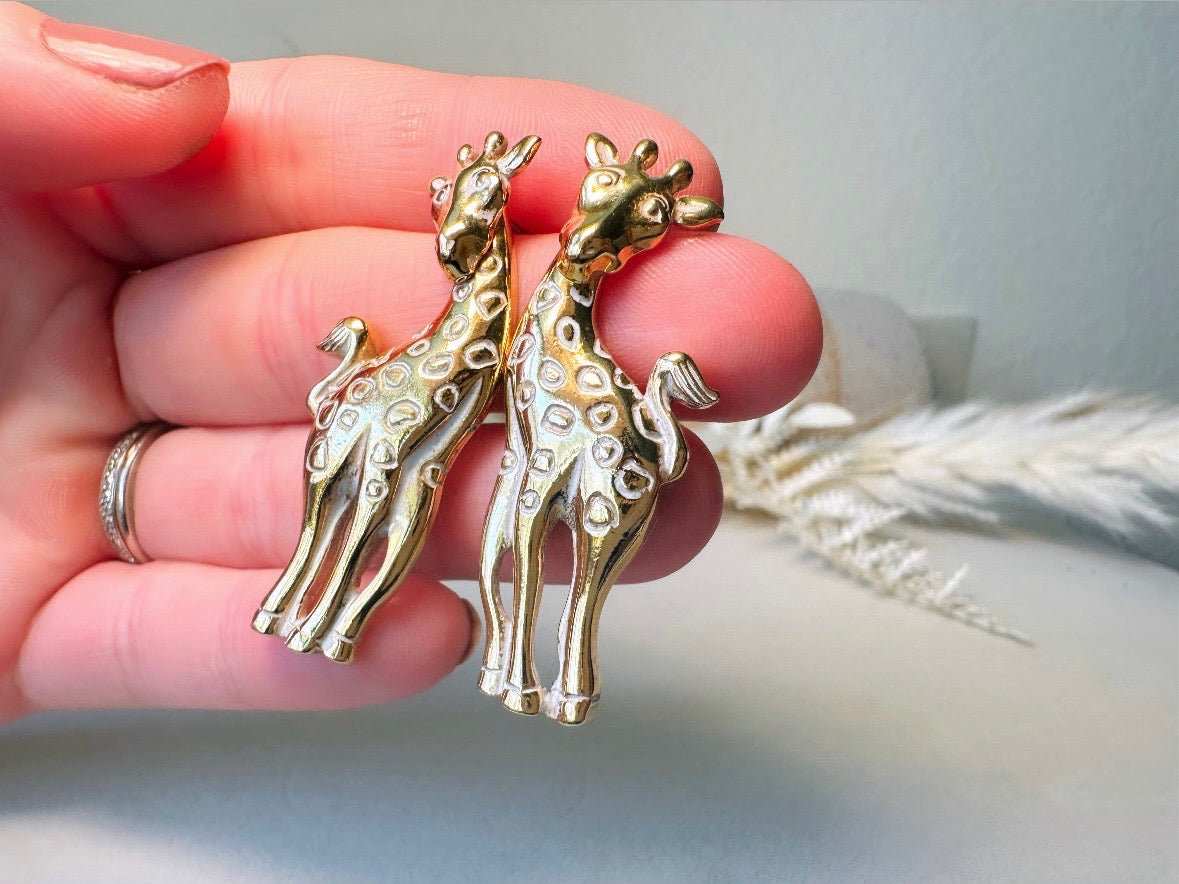 Vintage Giraffe Earrings, White and Gold Pierced Post Earrings with Moveable Head, Convertable Stud to Dangle Earrings, Animal Lover Gifts