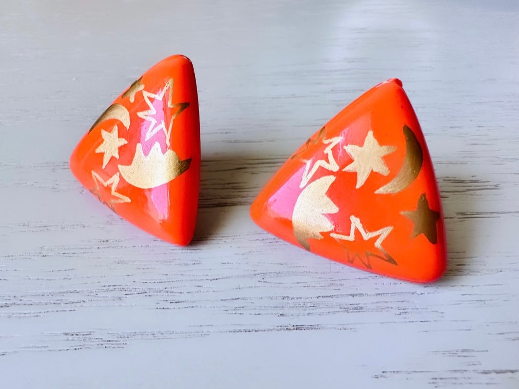 1970s Orange Triangle Earrings with Gold Stars and Moons, Oversized Acrylic Pierced Earrings, Fun Retro 70s Vintage Earrings, Big Triangles