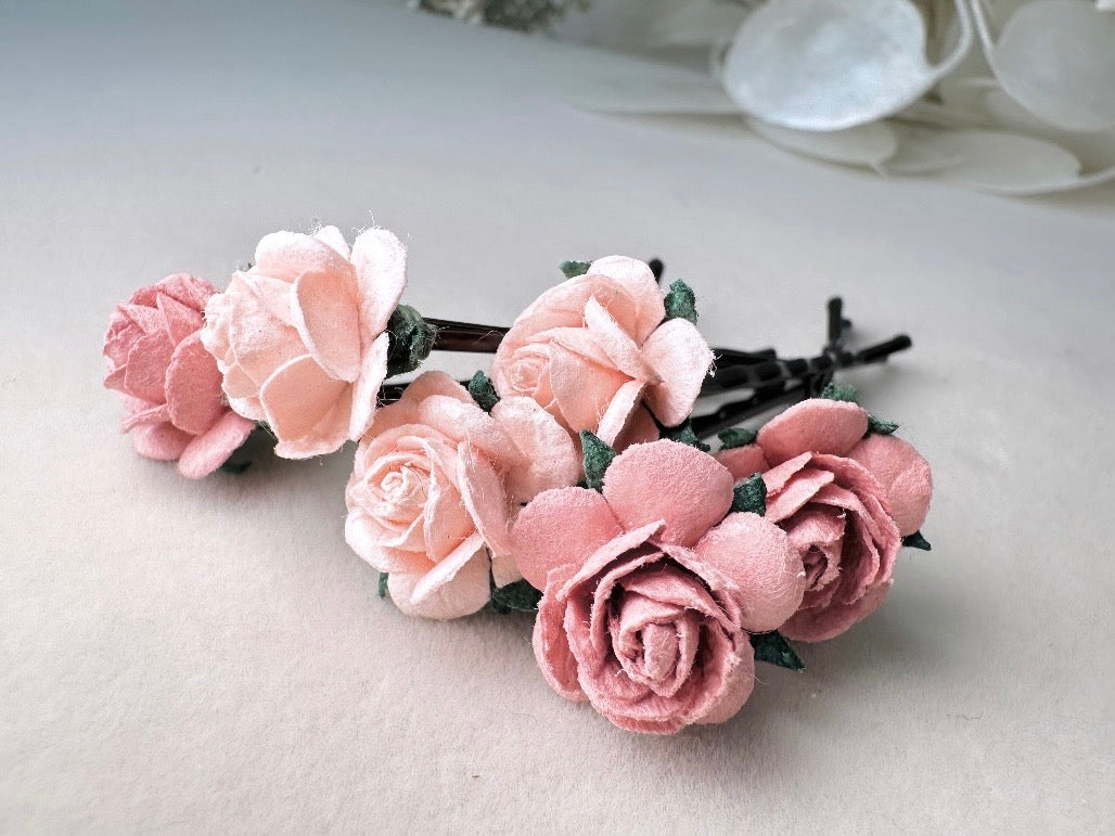 Wedding Hair Flowers, Blush Pink Flower Hair Pins, Wedding Hair Accessories, 6 Paper Flowers, Dusty Pink Rose Hair Clip, Floral Bobby Pin MPR6