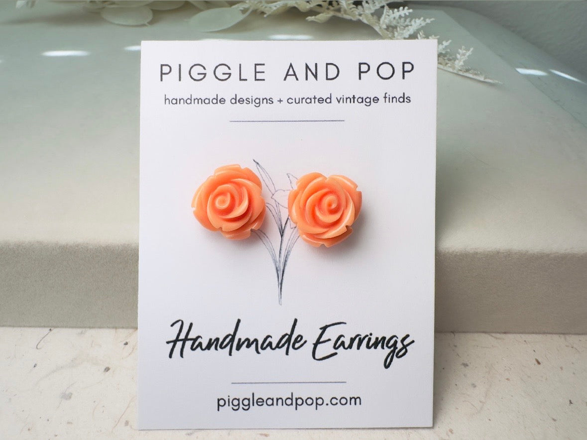 Orange Rose Earring, Light Orange Sorbet Summer Earrings, Colorful Cute Large Rose Stud Earrings, Resin Cabochon Rosettes, Hypoallergenic