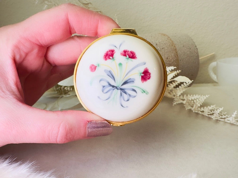 Vintage Lenox Trinket Box, Floral Porcelain Miniature Jewelry Box, Retired Cream Ceramic with Gold Accents, Pink Flowers, Blue Ribbon