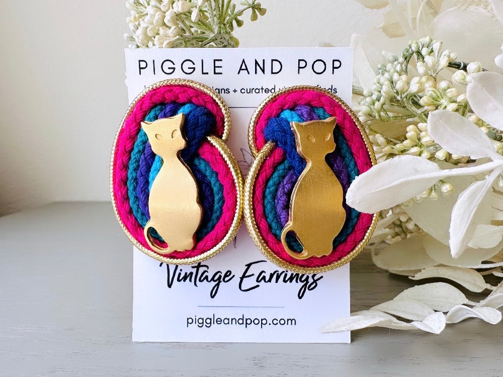 Cat Statement Earrings, Gold Cat on Woven Magenta Blue Purple, Cool Vintage Earrings, Oversized Clip On Earrings Nonpierced 1980s Earrings
