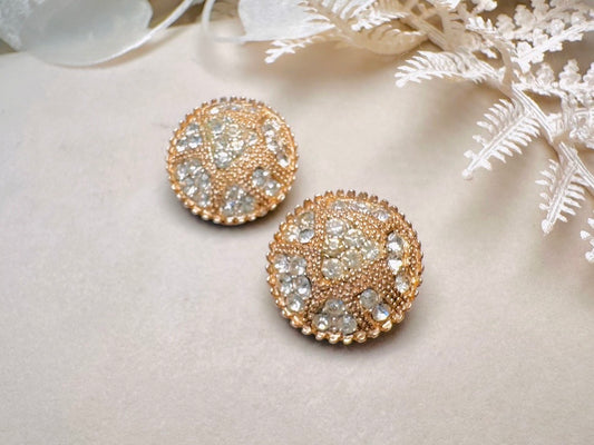 Vintage Crystal Button Clip on Earrings, Designer Signed Kramer Art Deco Earrings, Pave Set Rhinestone Gold Earrings
