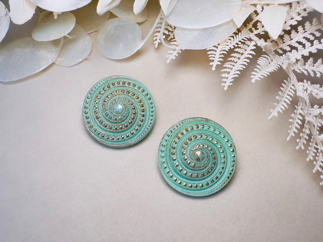 Vintage Mint Glass Earrings, Incredibly Unique Gold Spiral Disc Clip Ons, Seafoam Green Oversized Art Deco Vintage Statement Earrings