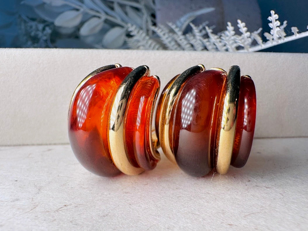 KJL Vintage Amber Lucite Double Ribbed Huggie Earrings
