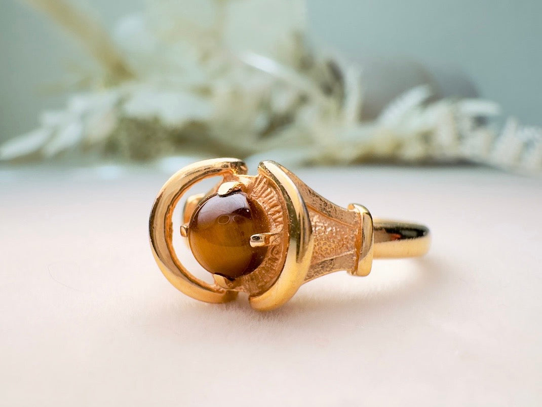 Tigers Eye Ring, 14kt Gold Vintage Gemstone Ring, Beautiful Boho 70s Genuine Tiger's Eye Ring from 1978, Adjustable Size 7