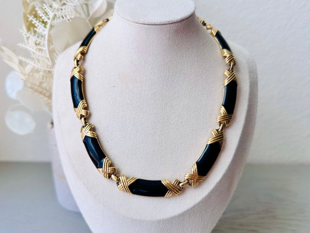 Vintage Monet Necklace Black Enamel and Gold X Choker Necklace, Runway Couture Signed Designer Vintage 1980s Mogul Necklace