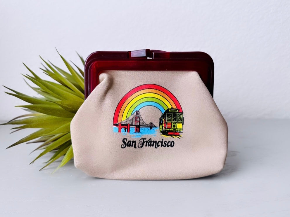 San Francisco Rainbow Clutch Purse, Cute 1970s Vintage Coin Purse, Tan w Lucite Handles, Vintage California Souvenier Shop, Friendship Pride