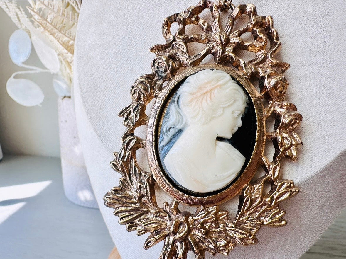 Victorian Cameo Necklace, Huge Antique Gold Pendant Necklace with Black and Cream Raised Cameo Statement Necklace, Victorian Revival Cameo