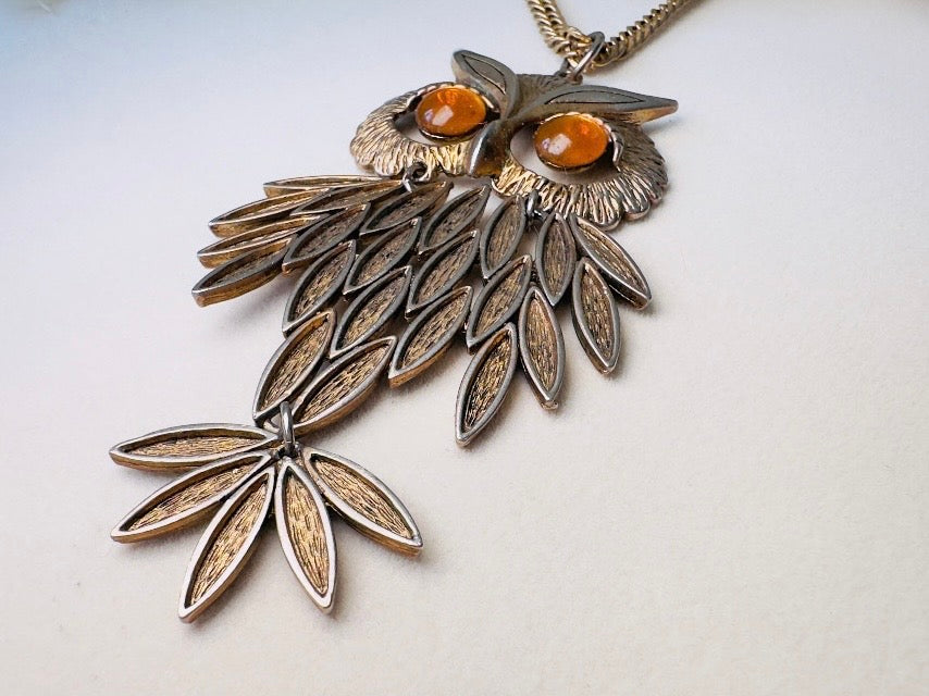 Gold Owl Pendant Necklace, Vintage 1970s Articulated Statement Necklace