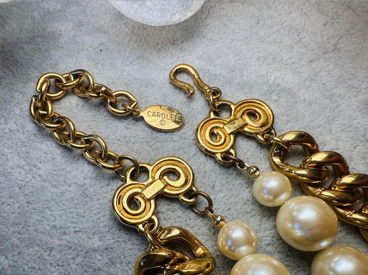 Vintage Carolee Necklace, Double Strand Pearl and Gold Chain Necklace with Intricate Scroll Detail and Hook Closure, Etruscan Pearl Necklace