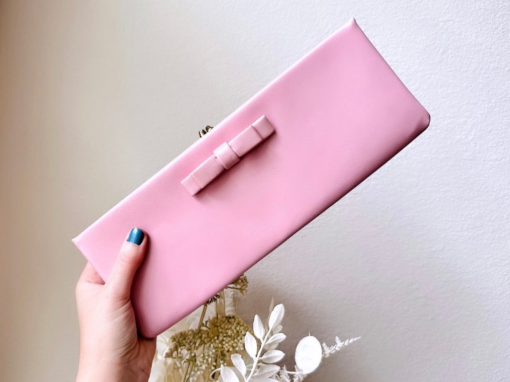 Bubblegum Pink 1960s Vintage Clutch, Barbie Pink Rectangular Leather Clutch Purse with Bow + Striped Interior, VTG Designer Harry Levine from Piggle and Pop