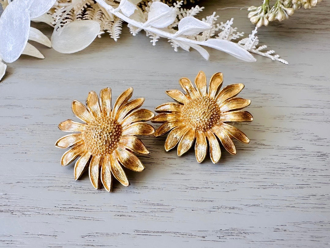 Vintage Monet Sunflower Earrings, Big Gold Sunflower Earrings, Vintage 60s Pierced Monet Earrings, 1960s Large Gold Flower Earrings