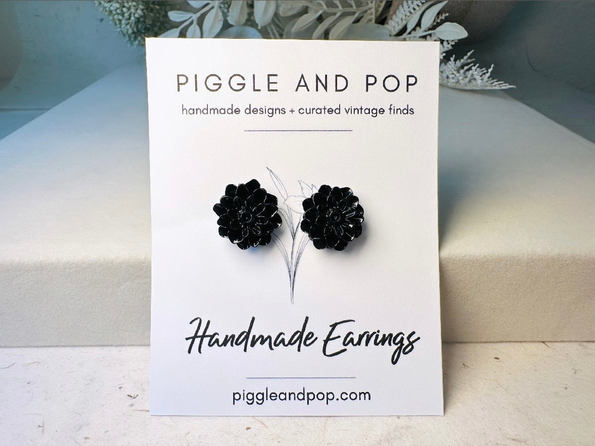 Black Flower Studs, Black Dahlia Earrings, Cute Flower Earrings, Black Flower Earring