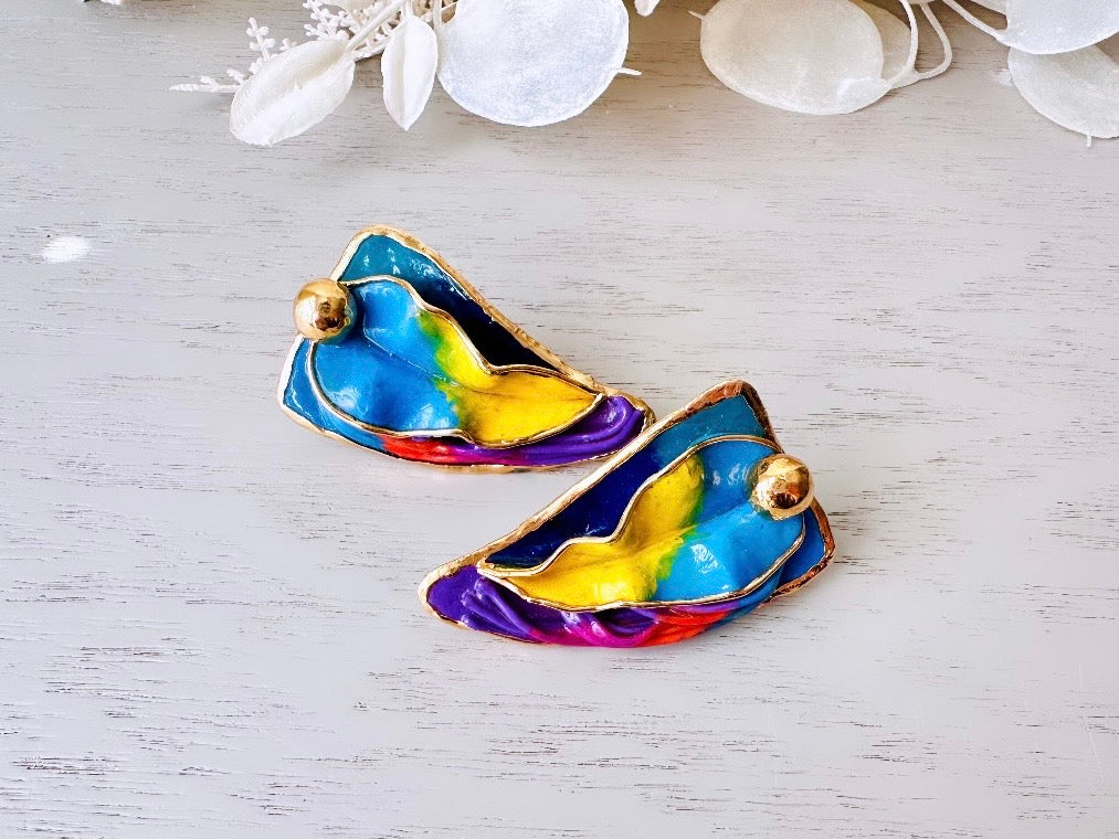 Colorful Designer Amy Lacombe Statement Earrings, Rainbow Hand Sculpted 24K Gold RARE 1980s Collectible Avant Garde Wearable Art Earrings