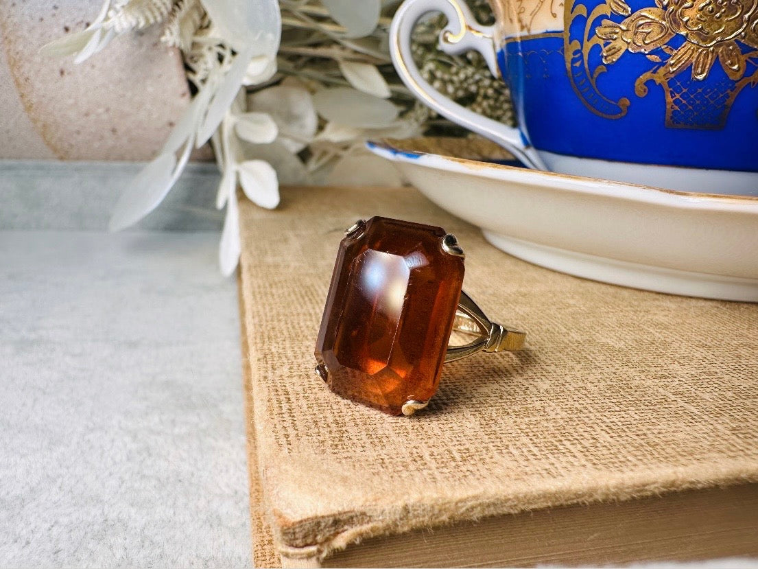 Vintage 70s Ring, Large Solitaire Topaz Rectangle Emerald Cut 1978 Smoky Lustre November Birthstone Cocktail Ring, Chunky Costume Jewelry