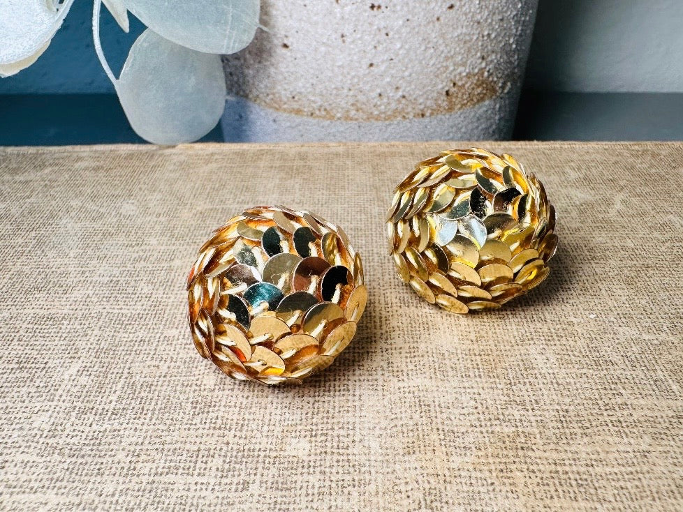 Gold Sequin Earrings, 1970s Party Earrings, Pierced Post Earrings, Big Gold Dome Earrings Covered in Sequins, Authentic Disco Earrings