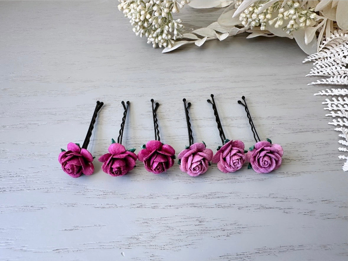 Rose Hair Pins in Wine Purple and Soft Lilac,  Paper Flower Bobby Pins, Merlot Wedding Rustic Hair Pins, 6 Floral Autumn Fall Hair Flowers MPR6