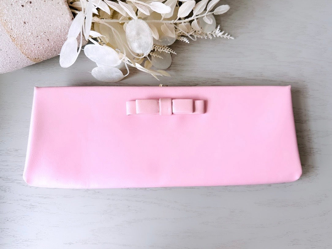 Bubblegum Pink 1960s Vintage Clutch, Barbie Pink Rectangular Leather Clutch Purse with Bow + Striped Interior, VTG Designer Harry Levine from Piggle and Pop