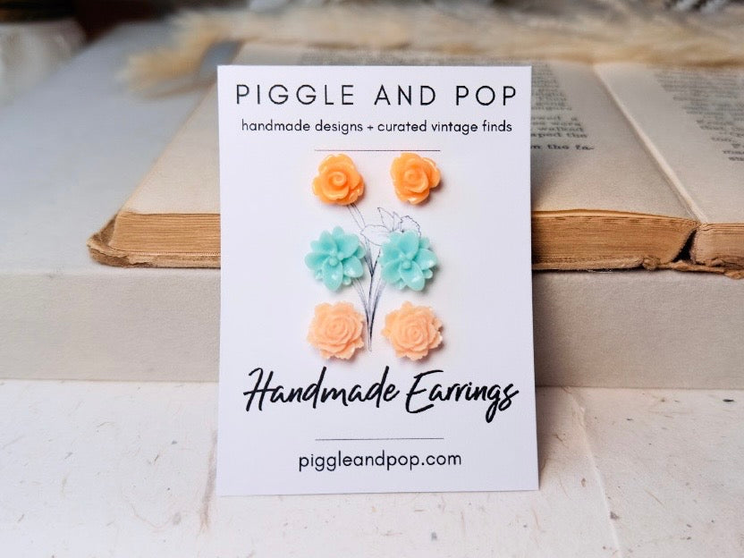 Flower Stud Earrings Set, Mint and Peach Post Earring Gift Set, Hypoallergenic Handmade Small Stud Earring