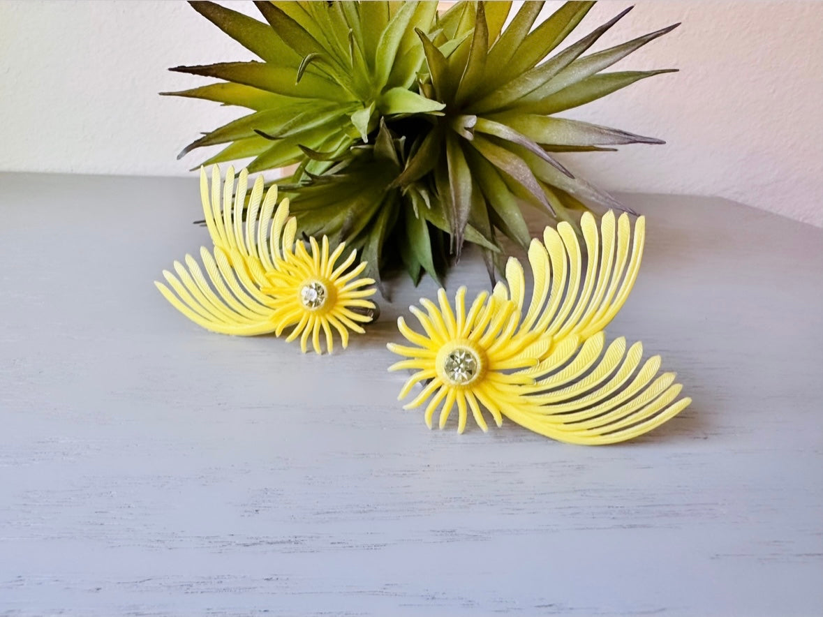 Canary Yellow 1960s Clip On Earrings, New Deadstock Vintage Earrings, Bright Yellow Flower Earrings, Wing Feather Statement Earrings