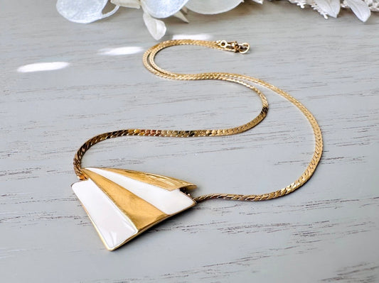 Monet Vintage 1980s Gold Triangle Pendant Necklace, 16" Short Modern Abstract Triangular Cream Enamel and Gold Designer Signed Necklace