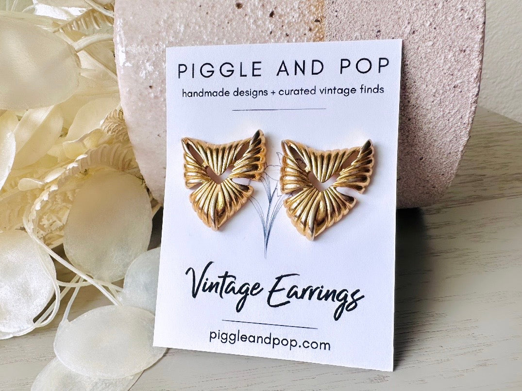 Gold Triangle Earrings, Vintage 1980's Stud Earrings with Cut Outs, Geometric Metal Earrings, Vintage Funky Large Pierced Post Gold Earrings