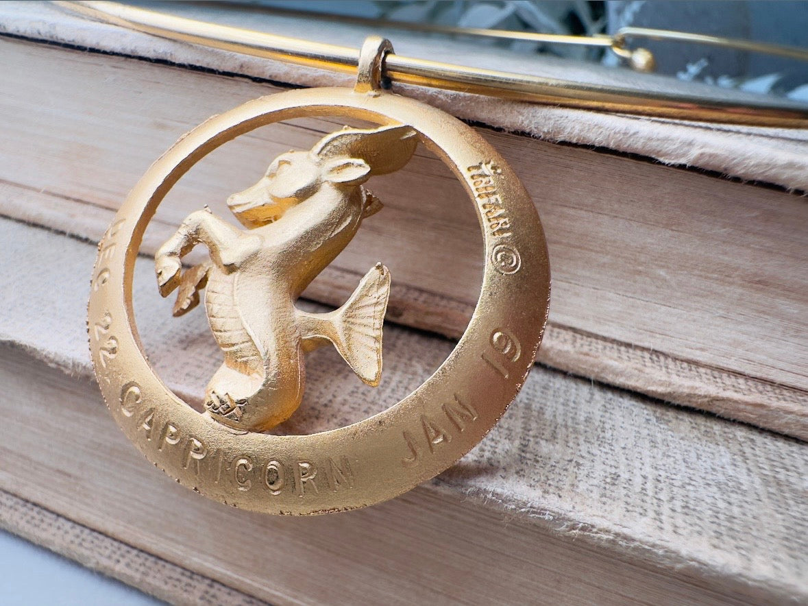 Capricorn Zodiac Necklace, Rare Signed Crown Trifari Designer Matte Gold Hoop Choker Astrology Necklace