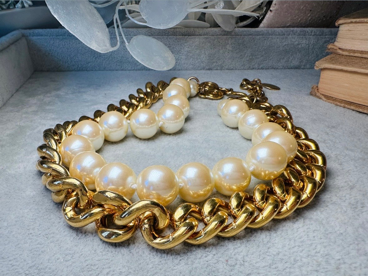 Vintage Carolee Necklace, Double Strand Pearl and Gold Chain Necklace with Intricate Scroll Detail and Hook Closure, Etruscan Pearl Necklace