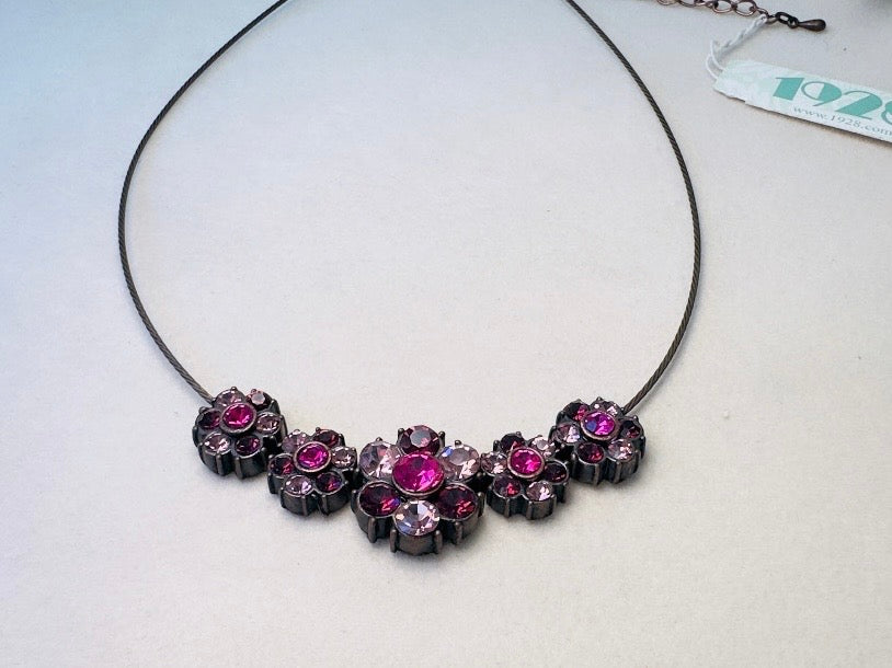 1928 Magenta Pink Rhinestone Floral Bronze Wire Necklace, 90s/Y2K NWT