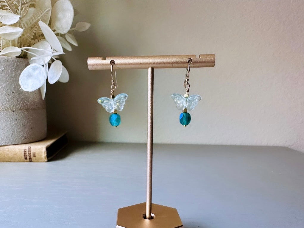 Gilded Butterfly Earrings, Handmade Aqua Blue & Gold Dainty Dangle Earrings, 14kt Gold Delicate Gold Earrings, Whimsical Butterfly Jewelry